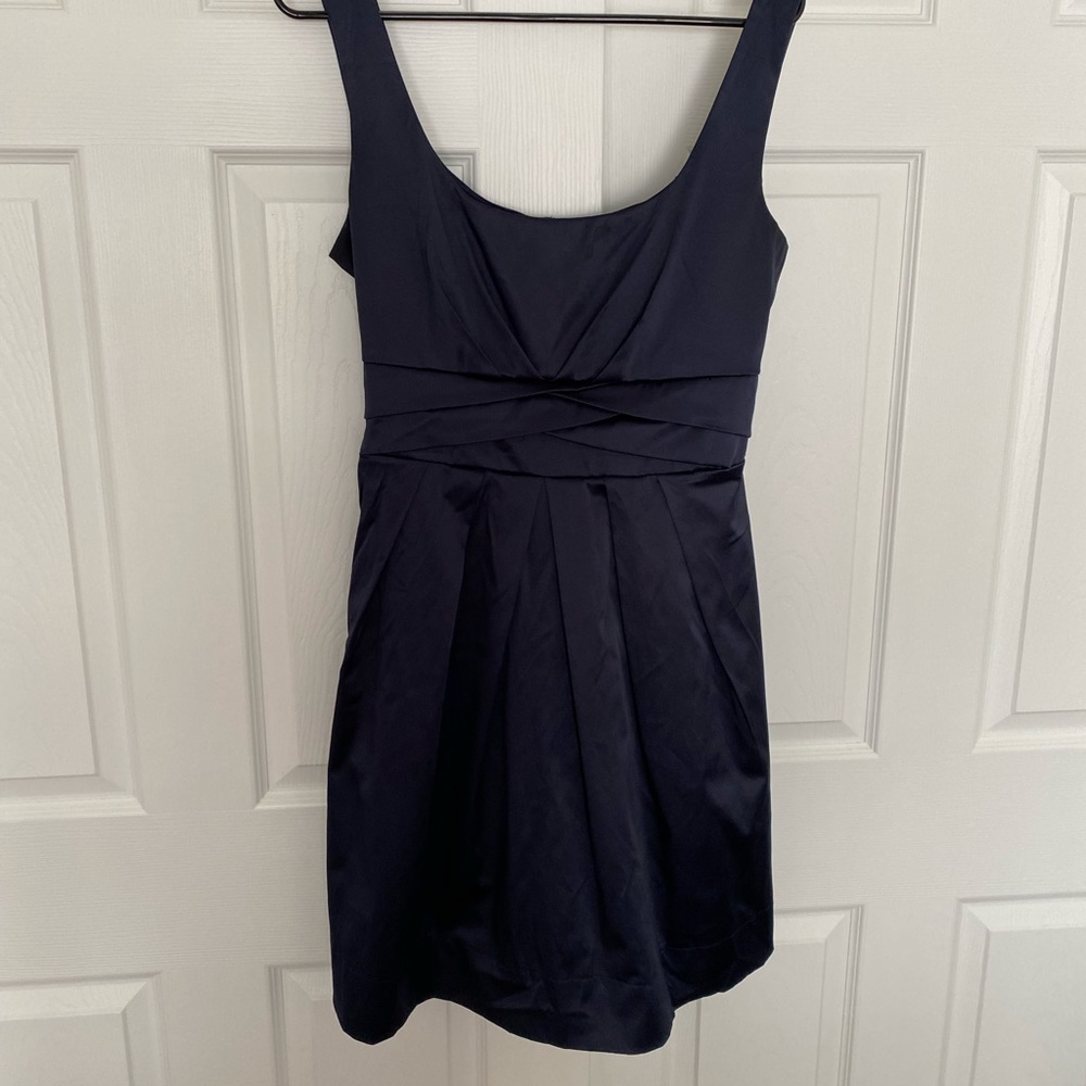Satin navy blue dress with sewn in ribbon bow, size 13 juniors
